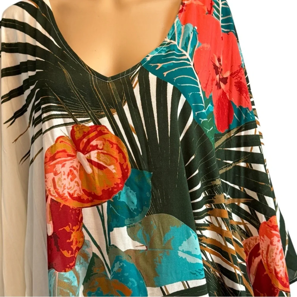 Vince Camuto V-Neck Caftan Cover Up Palm Paradise NWT M/L